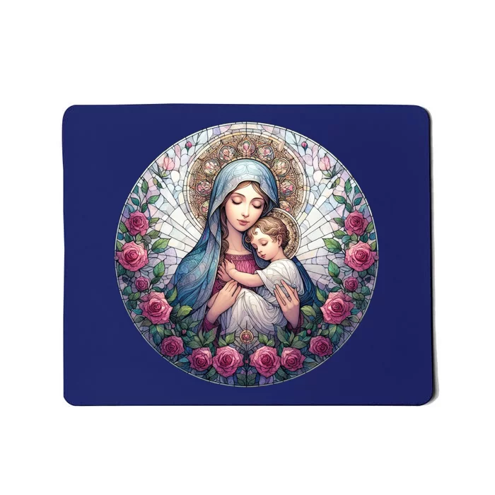 Mother Mary Stained Glass Collection: Roses Mary And Jesus Catholic Christian Mousepad