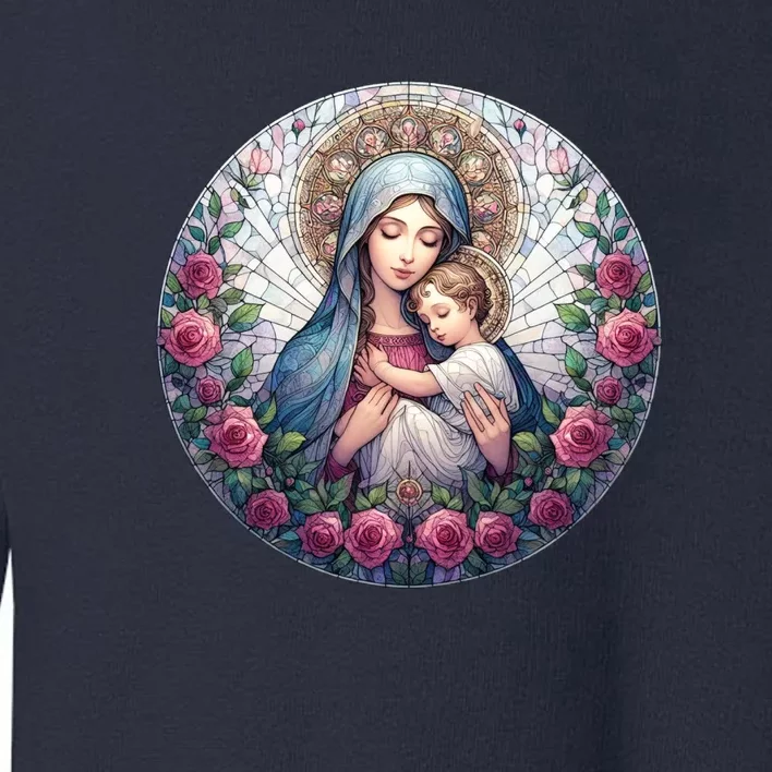 Mother Mary Stained Glass Collection: Roses Mary And Jesus Catholic Christian Toddler Sweatshirt