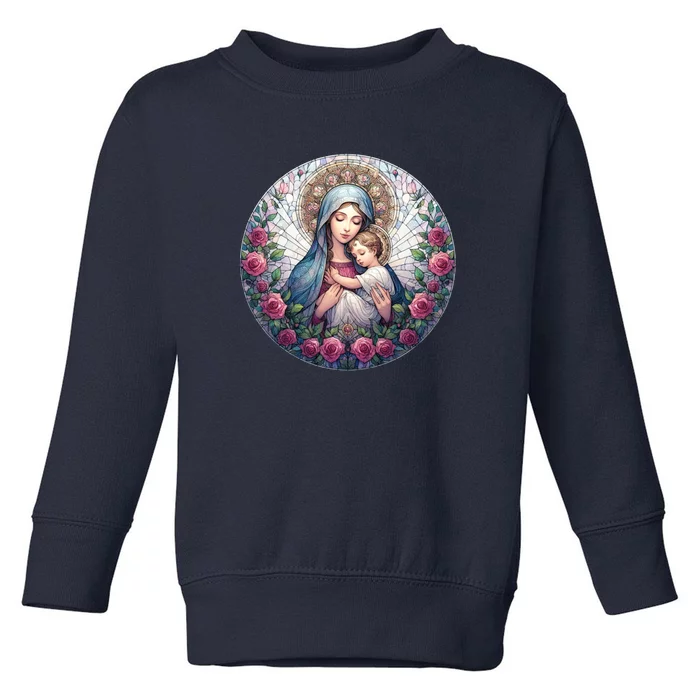 Mother Mary Stained Glass Collection: Roses Mary And Jesus Catholic Christian Toddler Sweatshirt