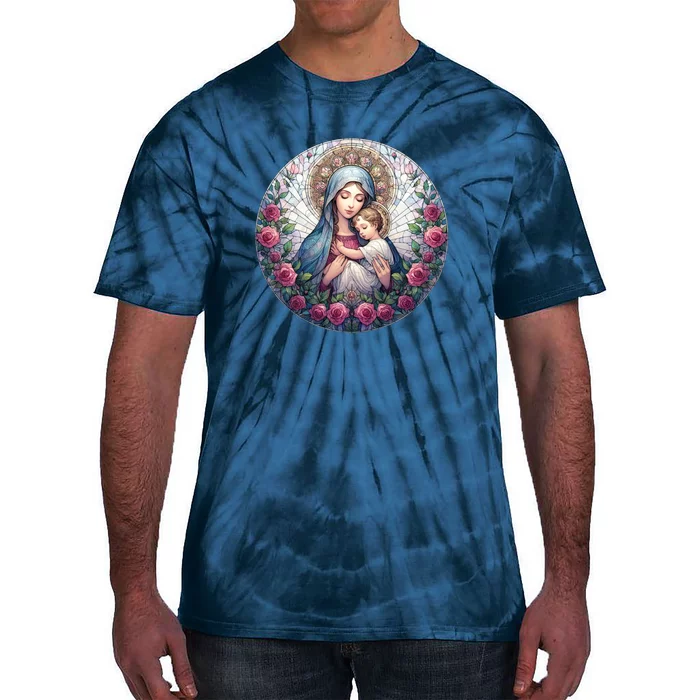 Mother Mary Stained Glass Collection: Roses Mary And Jesus Catholic Christian Tie-Dye T-Shirt