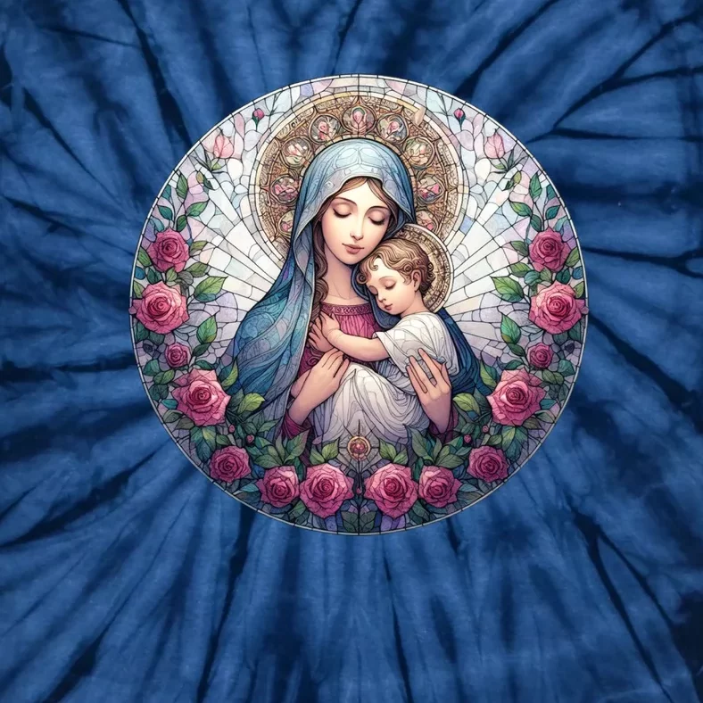 Mother Mary Stained Glass Collection: Roses Mary And Jesus Catholic Christian Tie-Dye T-Shirt