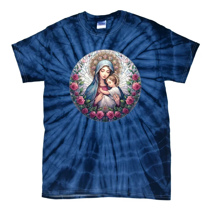 Mother Mary Stained Glass Collection: Roses Mary And Jesus Catholic Christian Tie-Dye T-Shirt