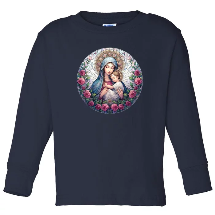 Mother Mary Stained Glass Collection: Roses Mary And Jesus Catholic Christian Toddler Long Sleeve Shirt