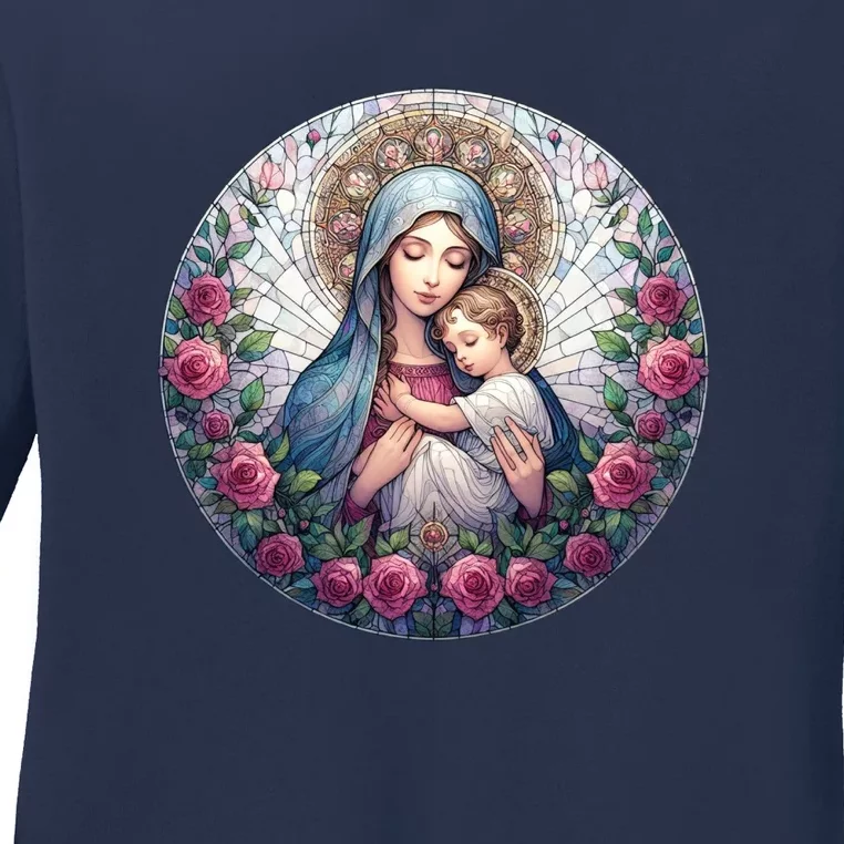 Mother Mary Stained Glass Collection: Roses Mary And Jesus Catholic Christian Ladies Long Sleeve Shirt