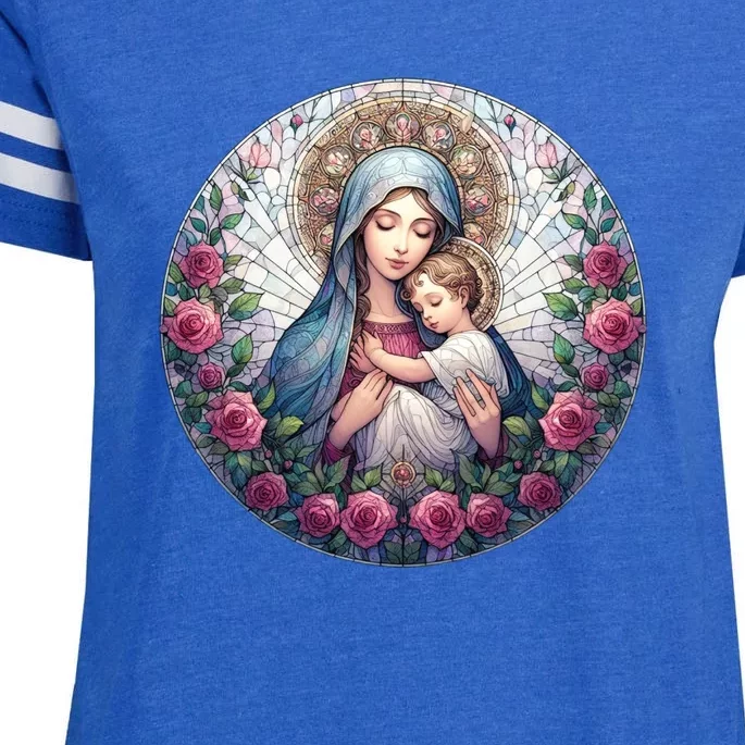 Mother Mary Stained Glass Collection: Roses Mary And Jesus Catholic Christian Enza Ladies Jersey Football T-Shirt