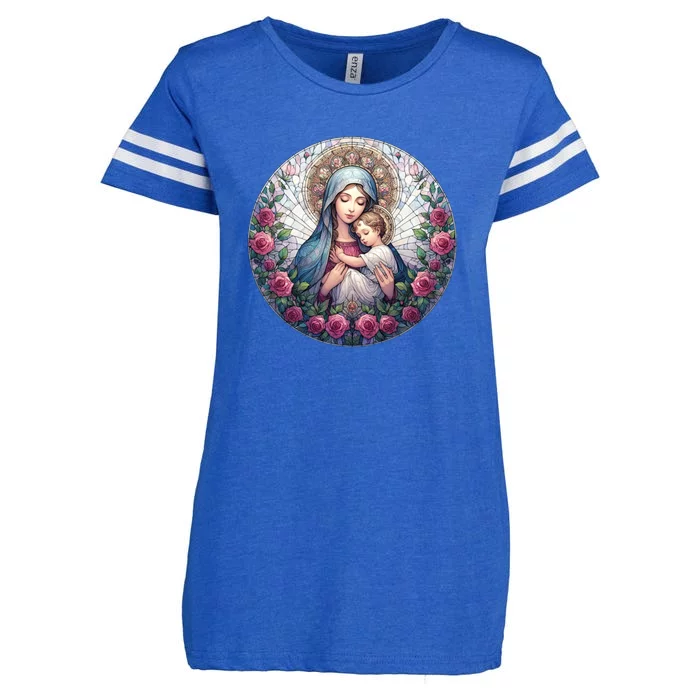 Mother Mary Stained Glass Collection: Roses Mary And Jesus Catholic Christian Enza Ladies Jersey Football T-Shirt