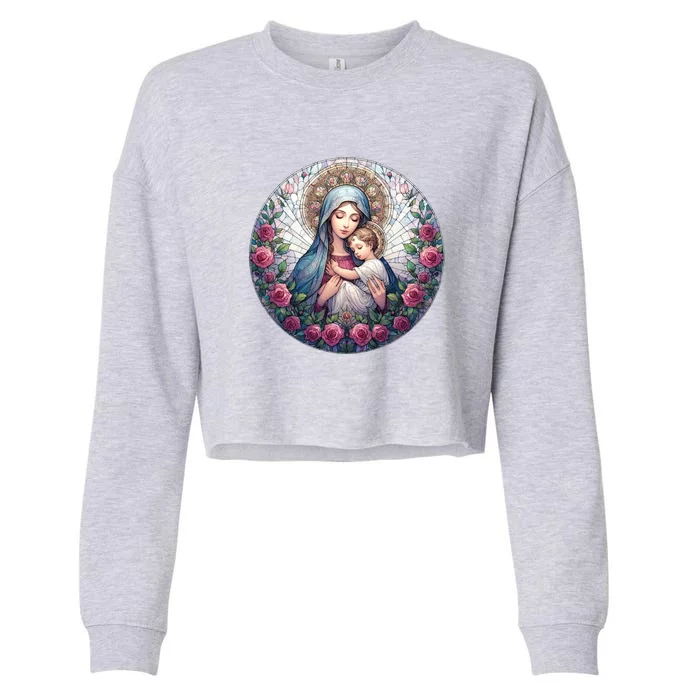 Mother Mary Stained Glass Collection: Roses Mary And Jesus Catholic Christian Cropped Pullover Crew