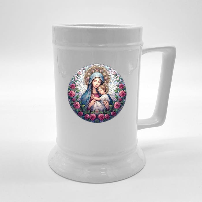 Mother Mary Stained Glass Collection: Roses Mary And Jesus Catholic Christian Front & Back Beer Stein