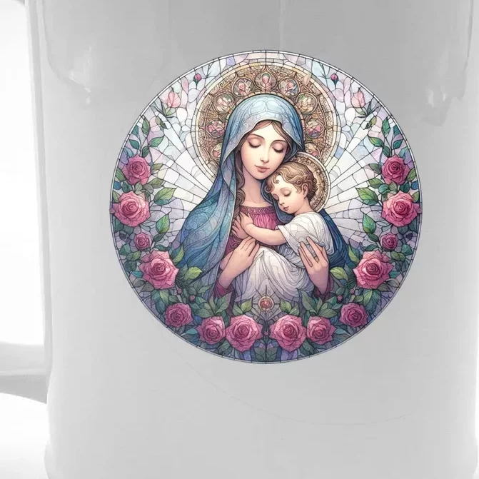 Mother Mary Stained Glass Collection: Roses Mary And Jesus Catholic Christian Front & Back Beer Stein