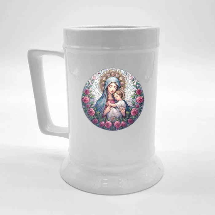 Mother Mary Stained Glass Collection: Roses Mary And Jesus Catholic Christian Front & Back Beer Stein