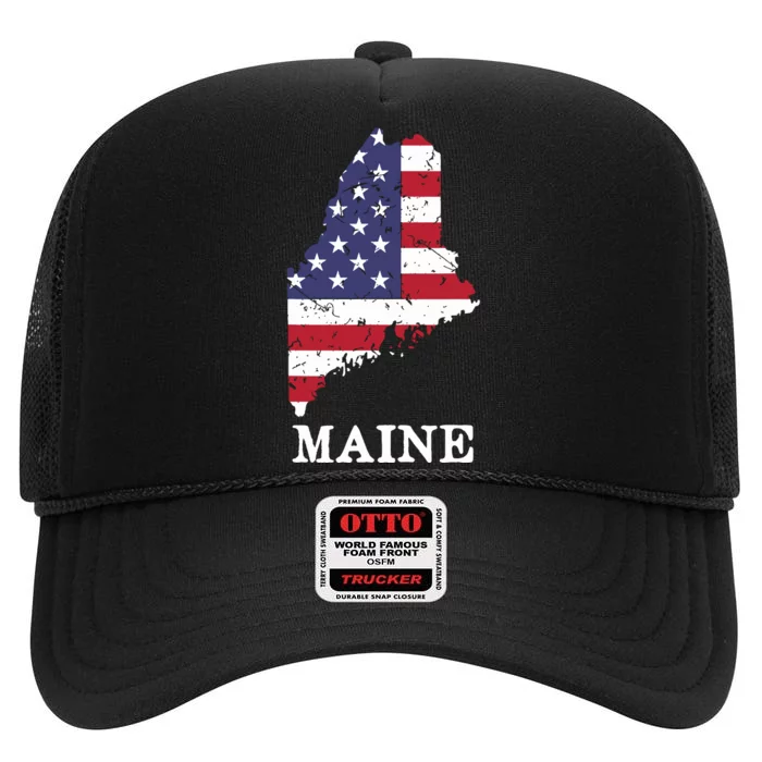 Maine Map State American Flag 4th Of July Pride High Crown Mesh Trucker Hat