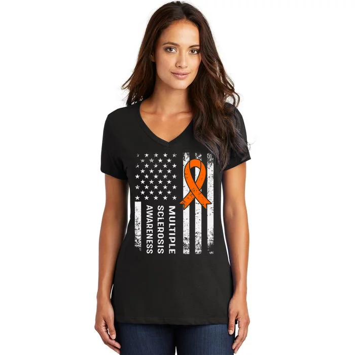 MS Multiple Sclerosis Awareness Orange Ribbon Women's V-Neck T-Shirt