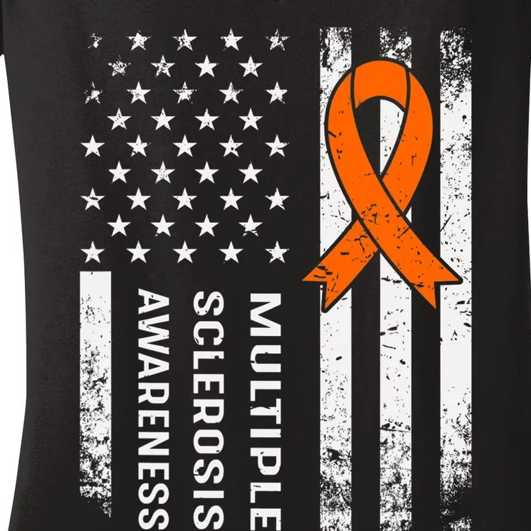 MS Multiple Sclerosis Awareness Orange Ribbon Women's V-Neck T-Shirt