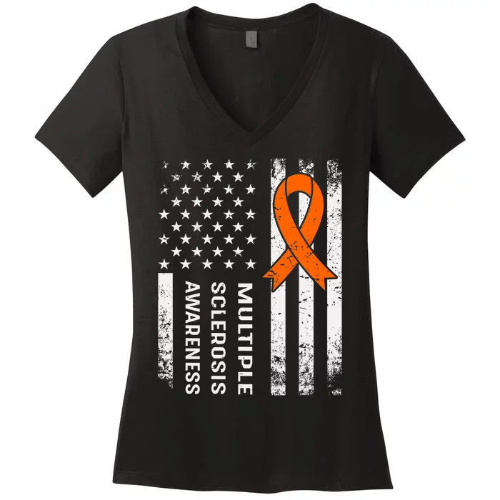 MS Multiple Sclerosis Awareness Orange Ribbon Women's V-Neck T-Shirt