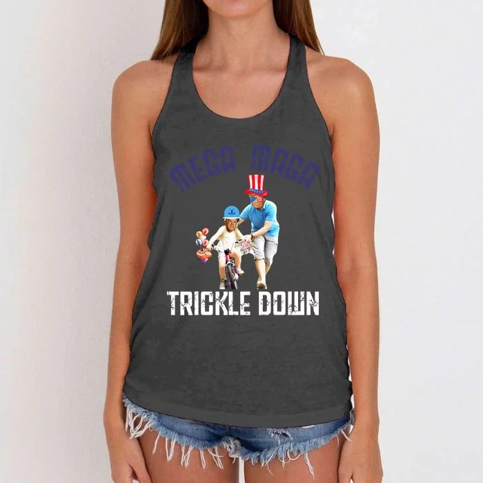 Mega Maga Trickle Down Patriotic American Funny Biden Quote Women's Knotted Racerback Tank