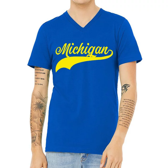 Michigan MI USA Vintage Varsity Style Maize Font V-Neck T-Shirt