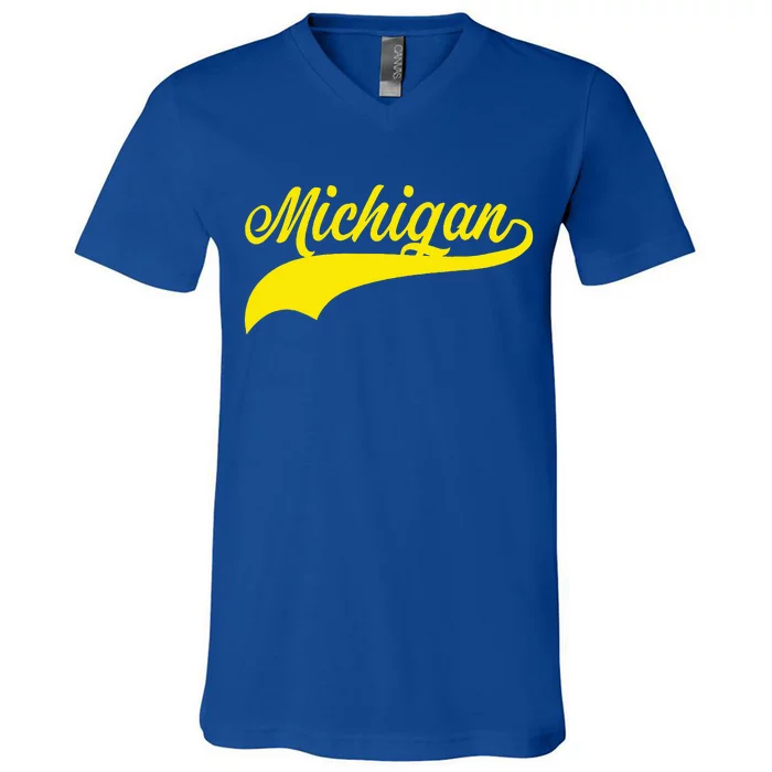 Michigan MI USA Vintage Varsity Style Maize Font V-Neck T-Shirt