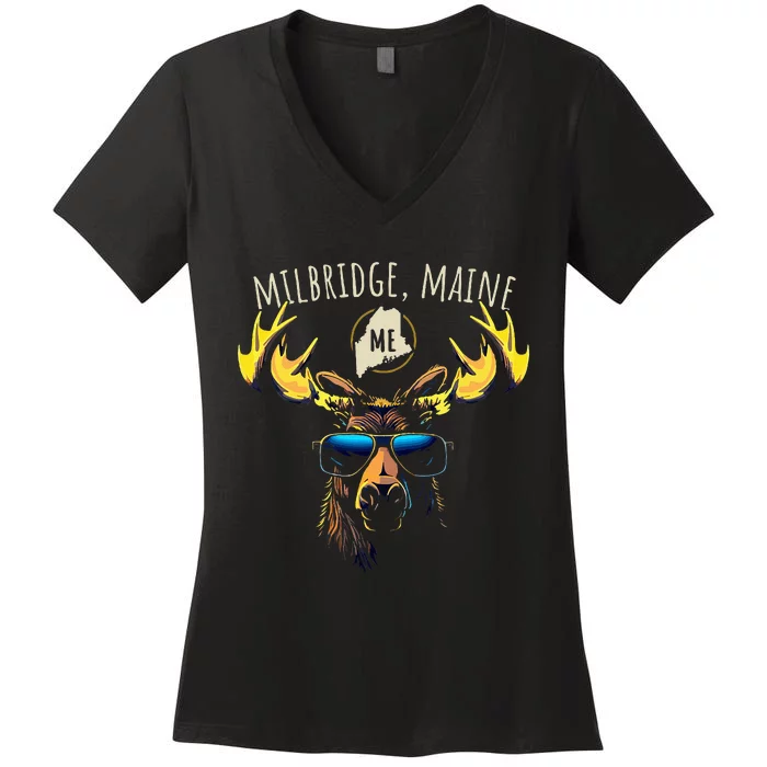 Milbridge Maine Usa Moose Wearing Sunglasses Design Women's V-Neck T-Shirt