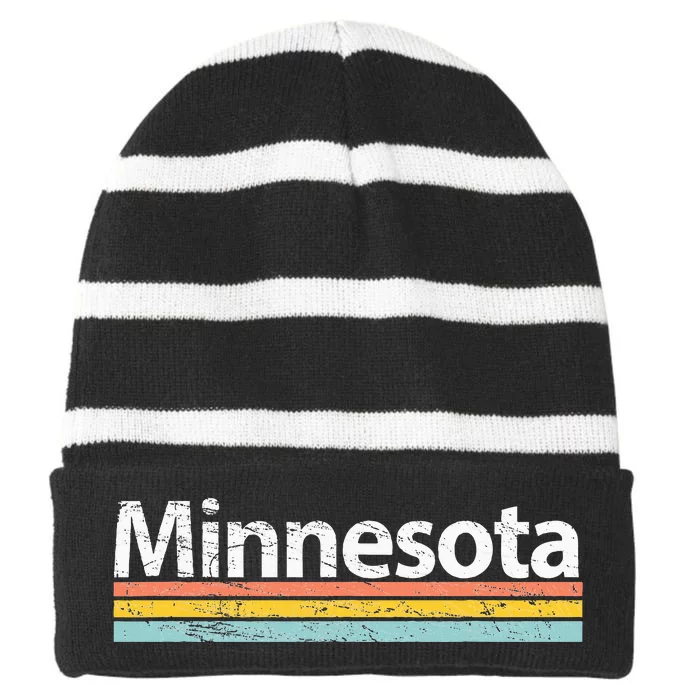 Minnesota Mn Vintage Worn Design Retro Stripes Classic Striped Beanie with Solid Band