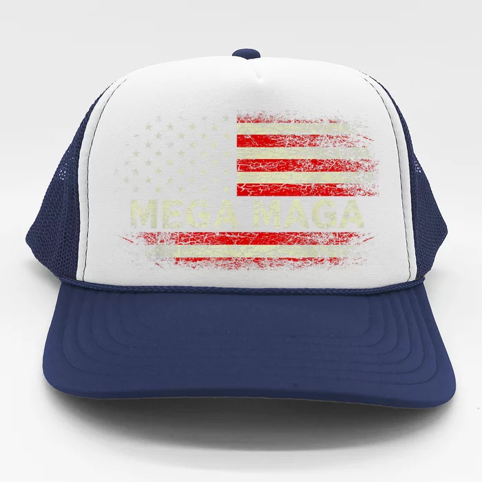 Mega Maga Vintage American US Flag Trump Supporter Trucker Hat