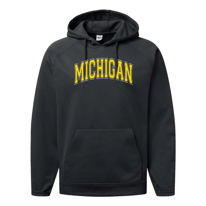 Michigan MI VintageStyle Maize Font Performance Fleece Hoodie