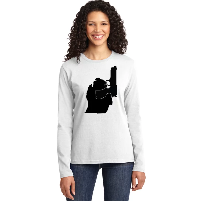 Michigan Mitten With Gun Design Ladies Long Sleeve Shirt