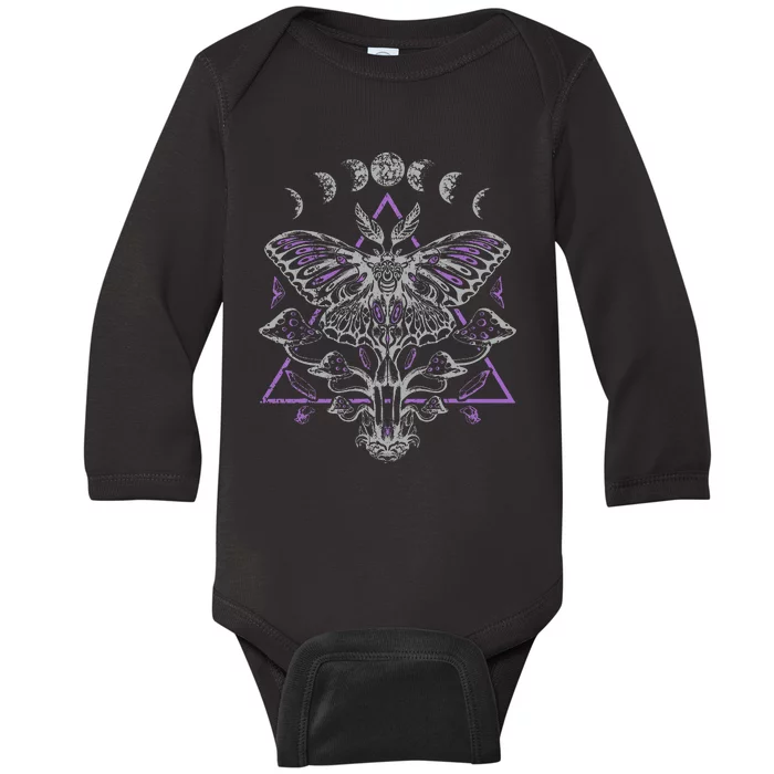 Mysterious Moth With Moon Crescent Gothic Moth Baby Long Sleeve Bodysuit