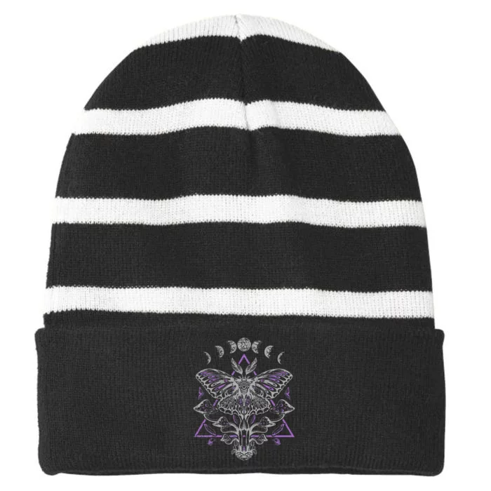 Mysterious Moth With Moon Crescent Gothic Moth Striped Beanie with Solid Band