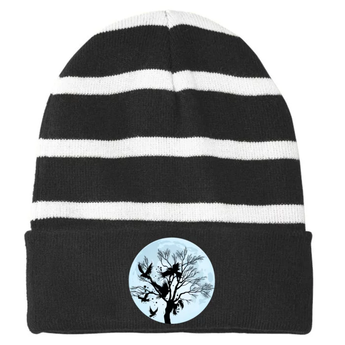 Moonlight Night Black Crow Forest Animal Bird Raven Striped Beanie with Solid Band