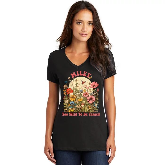 Miley Name Cute Retro Wildflower Miley Name Women's V-Neck T-Shirt