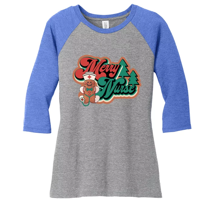 Merry Nurse Christmas Tree Retro Groovy Cookies Xmas Nursing Cute Gift Women's Tri-Blend 3/4-Sleeve Raglan Shirt