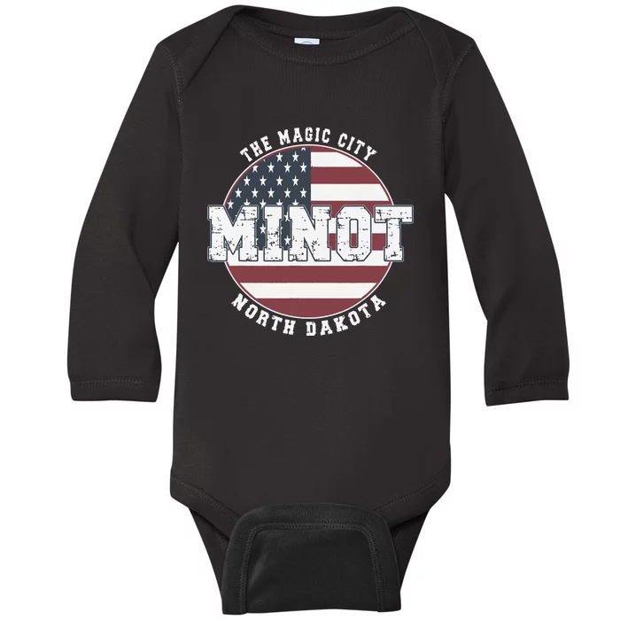 Minot North Dakota Vintage American Flag Baby Long Sleeve Bodysuit