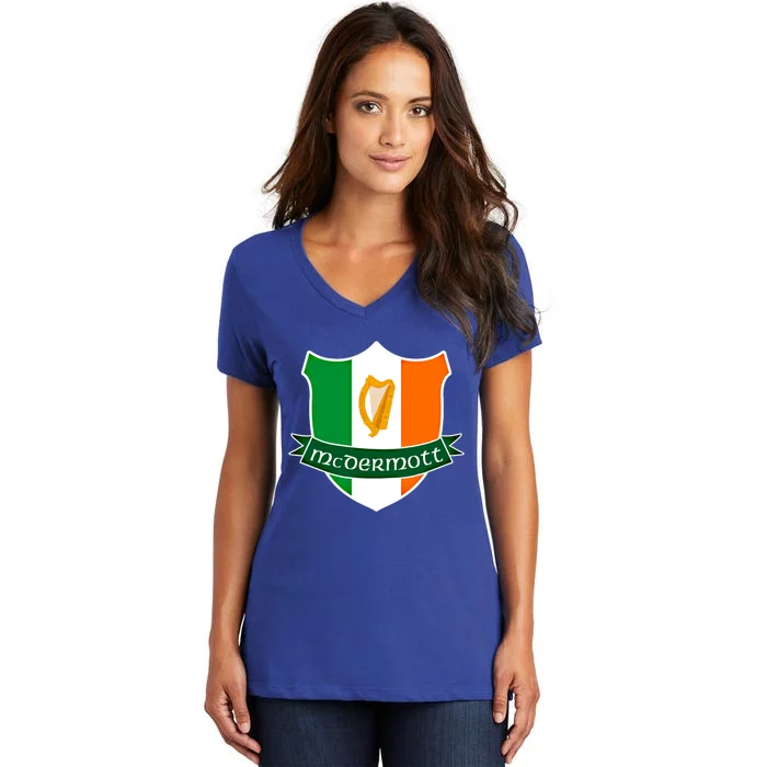 Mcdermott Name Irish Gift Irish Flag Harp Crest Women's V-Neck T-Shirt