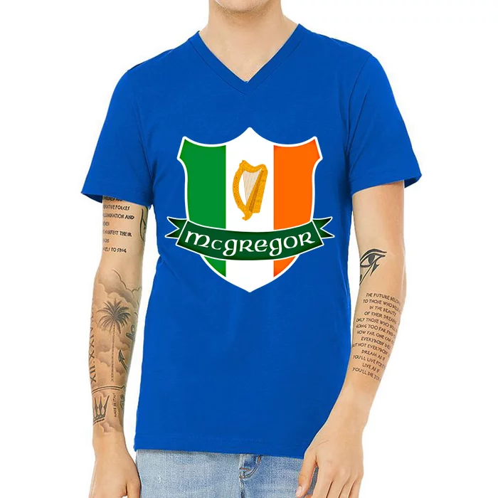 Mcgregor Name Irish Gift Irish Flag Harp Crest V-Neck T-Shirt