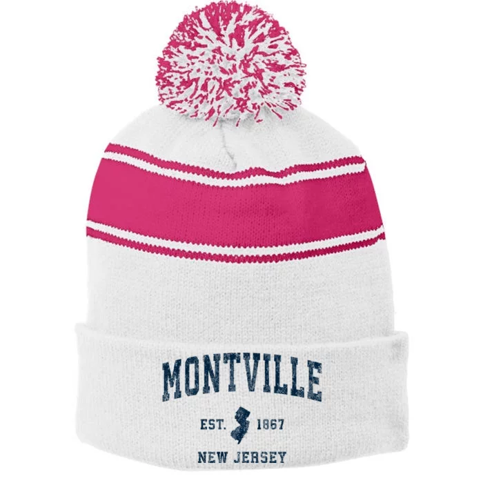 Montville New Jersey Nj Vintage Sports Stripe Pom Pom Beanie