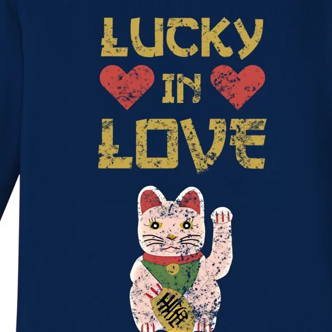 Maneki Neko Lucky In Love Cat Valentine Distressed Funny Gift Baby Long Sleeve Bodysuit