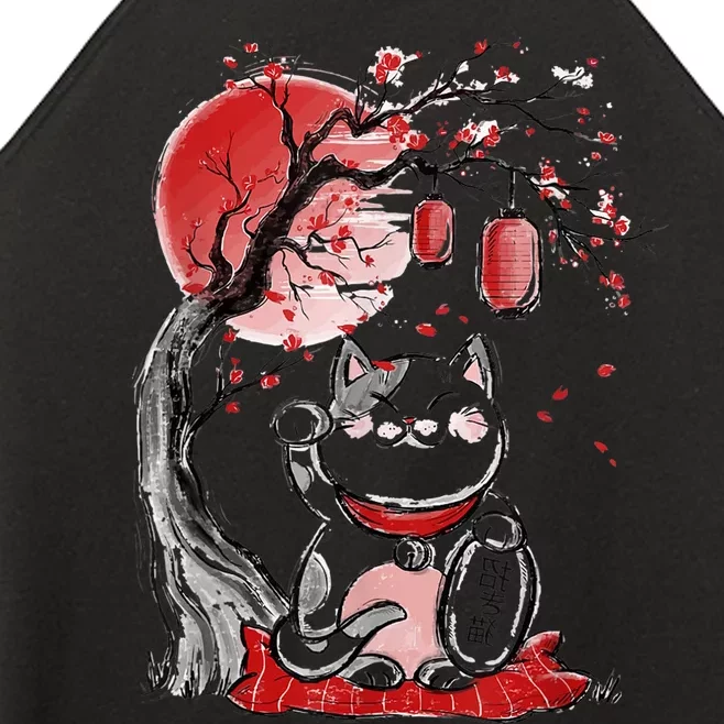 Maneki Neko Lucky Cat Waving Arm Red Moon Beckoning Cat Women’s Perfect Tri Rocker Tank