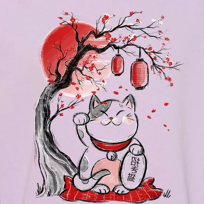 Maneki Neko Lucky Cat Waving Arm Red Moon Beckoning Cat Garment-Dyed Sweatshirt