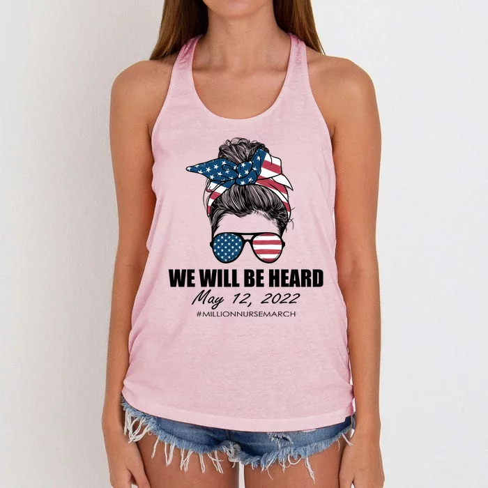 Million Nurse March We Will Be Heard Messy Bun USA Women's Knotted Racerback Tank