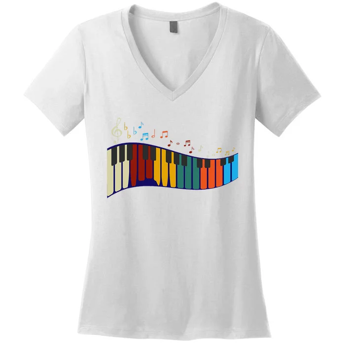 Music Notes Pianist Gift Colorful Piano Women's V-Neck T-Shirt