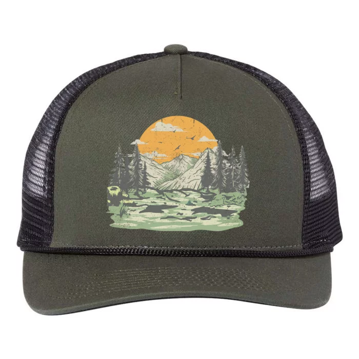 Mountain Nature Sunset Vintage Retro Rope Trucker Hat Cap