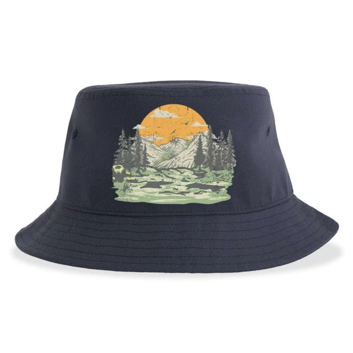 Mountain Nature Sunset Vintage Sustainable Bucket Hat