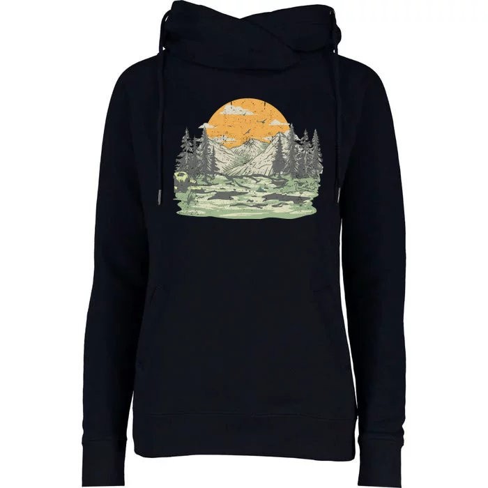 Mountain Nature Sunset Vintage Womens Funnel Neck Pullover Hood