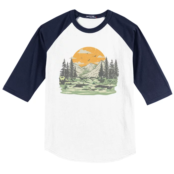 Mountain Nature Sunset Vintage Baseball Sleeve Shirt