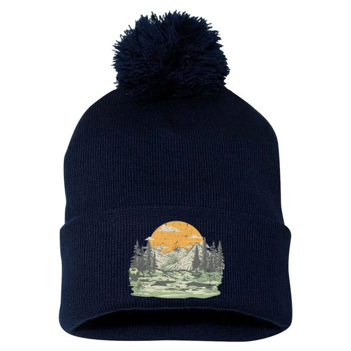 Mountain Nature Sunset Vintage Pom Pom 12in Knit Beanie