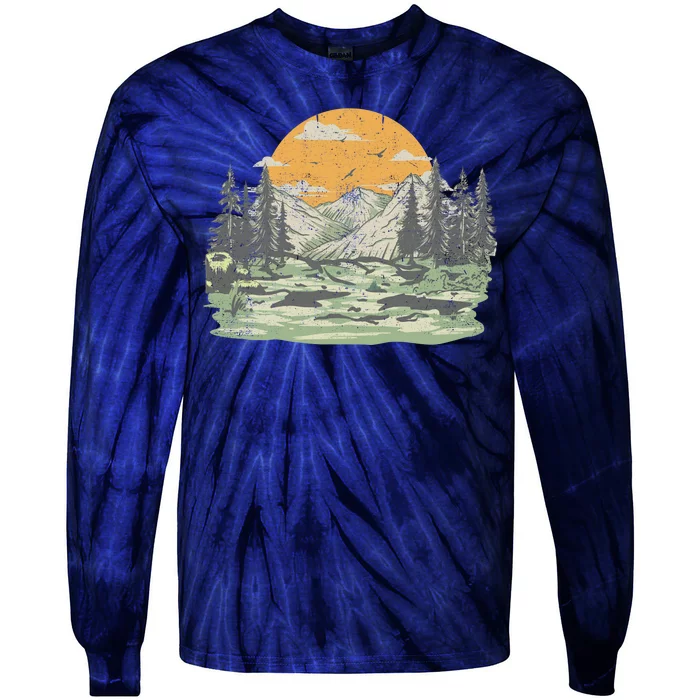 Mountain Nature Sunset Vintage Tie-Dye Long Sleeve Shirt