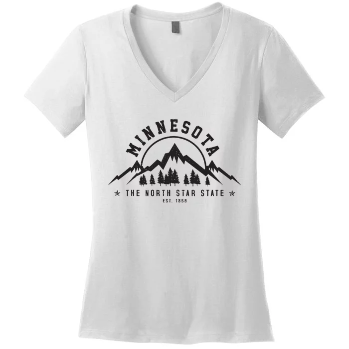 Minnesota North Star State Est 1858 Vintage Mountains Gift Women's V-Neck T-Shirt