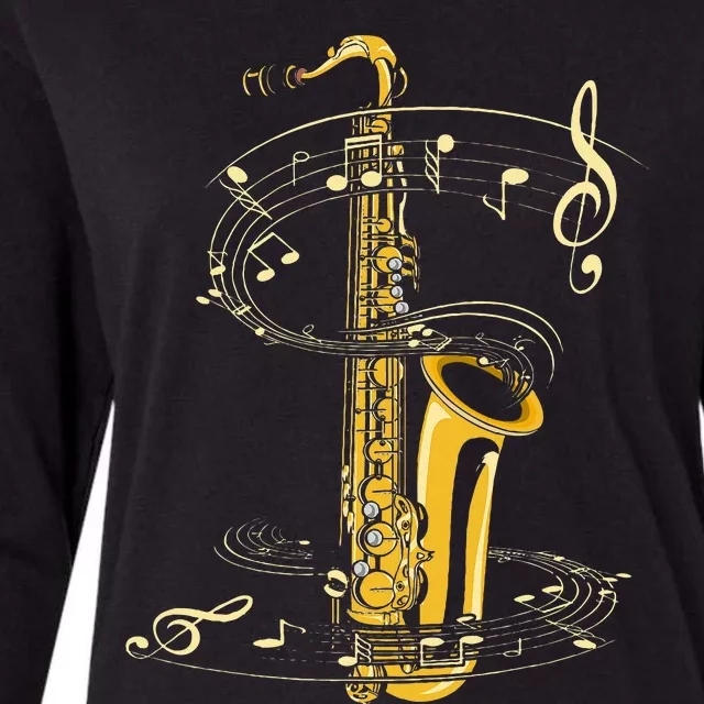 Music Notes Treble Clef Saxophonist Jazz Musician Saxophone Womens Cotton Relaxed Long Sleeve T-Shirt