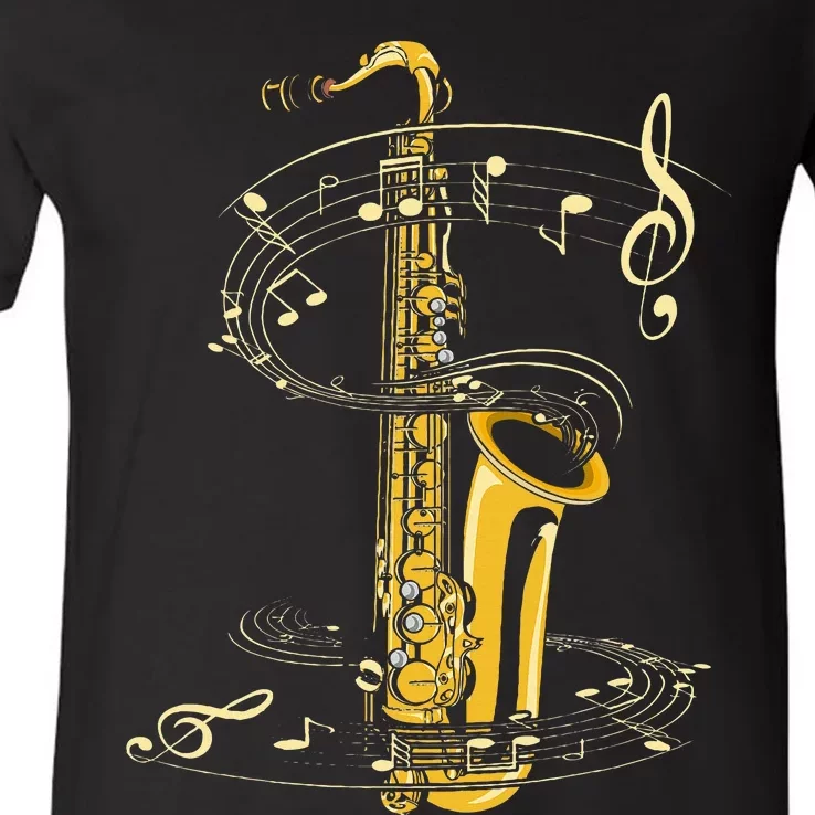 Music Notes Treble Clef Saxophonist Jazz Musician Saxophone V-Neck T-Shirt