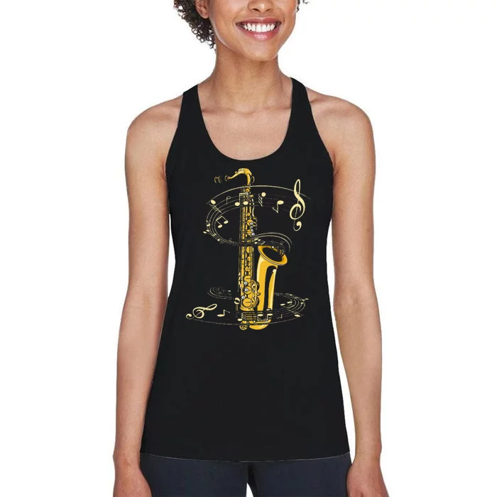 Music Notes Treble Clef Saxophonist Jazz Musician Saxophone Women's Racerback Tank